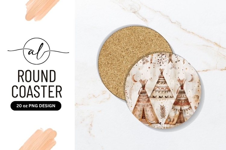 Boho Watercolor Teepees Round Coaster Png