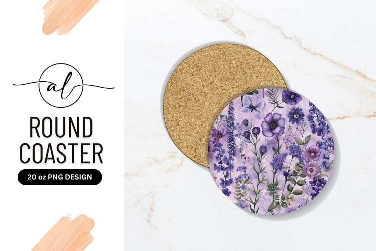 Purple Floral Watercolor Round Coaster Png Image