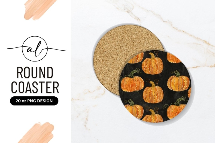 Decorative Pumpkins On Black Round Coaster Png