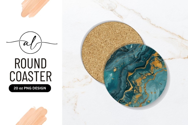 Teal And Gold Marble Round Coaster Png