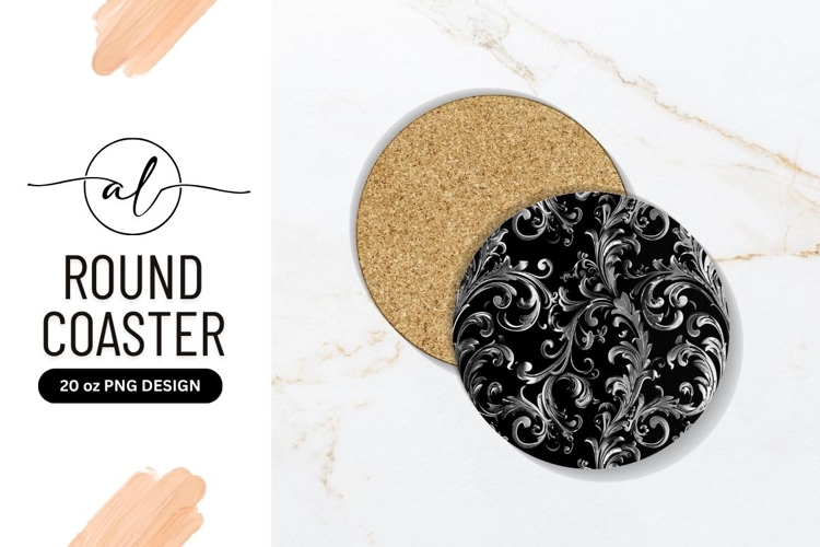 Silver Floral Pattern On Black Round Coaster