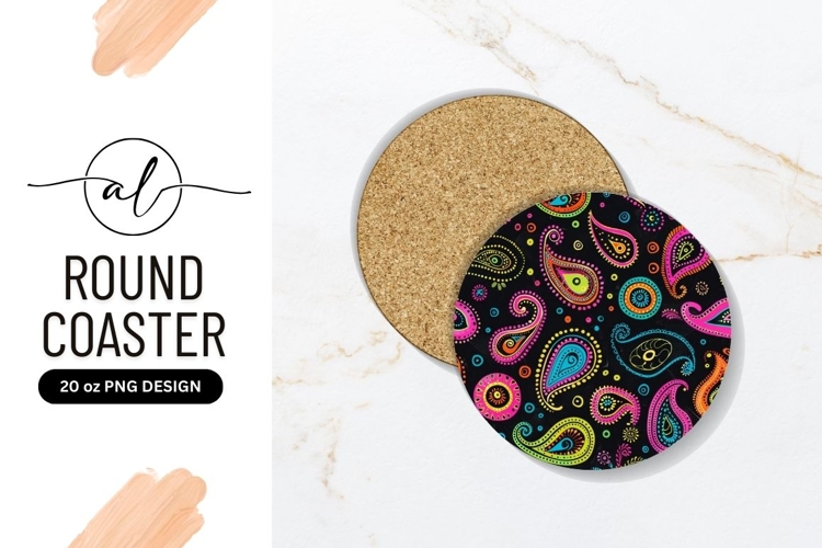 Colorful Paisley Pattern on Black Round Coaster P N G