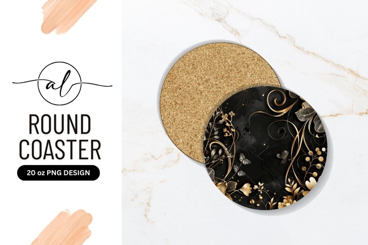 Black Round Coaster P N G with Gold Floral and Butterfly