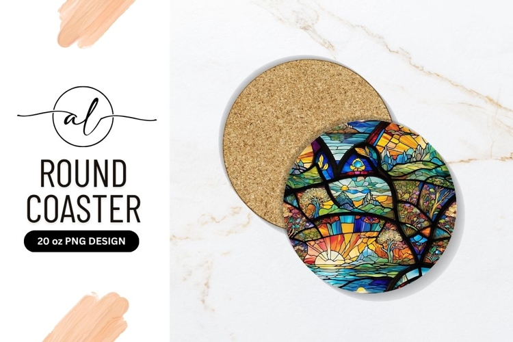 Stained Glass Landscape Circle Round Coaster Png