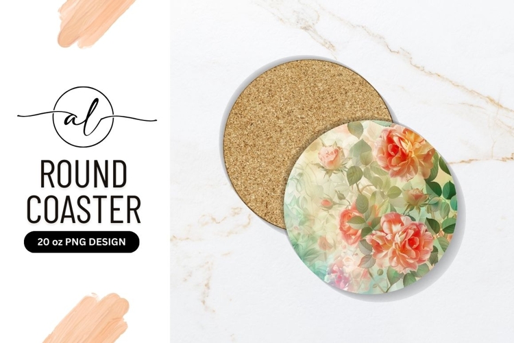 Round Coaster P N G with Watercolor Roses and Green Leaves