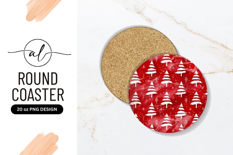 Round Christmas Coaster with White Trees Snowflakes
