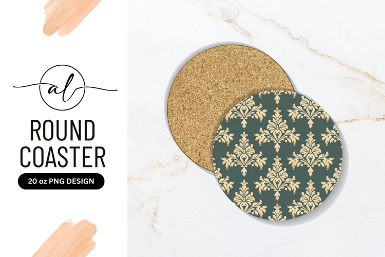 Round Coaster P N G with Cream and Teal Damask Pattern