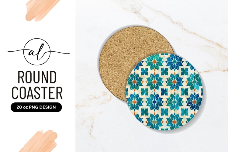 Round Coaster Floral Pattern in Blue and Teal with Orange
