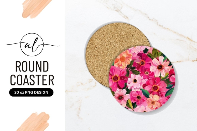 Floral Round Coaster P N G Design with Pink and Red Flowers