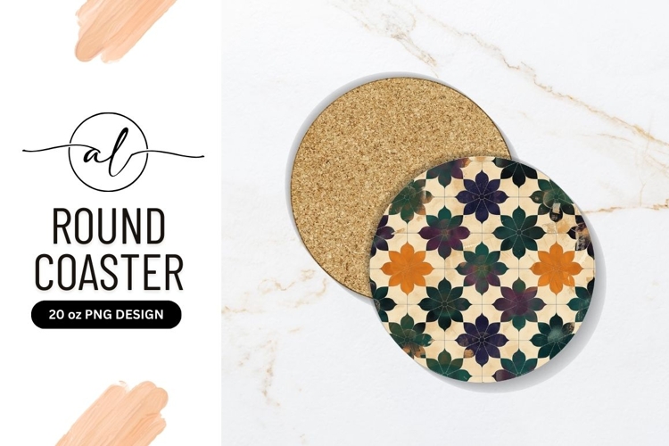 Round Coaster P N G Floral Pattern in Teal Orange and Purple
