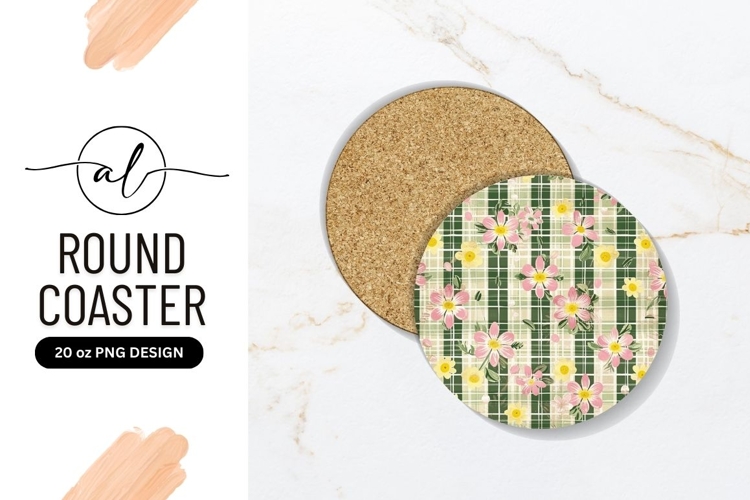 Pink and Yellow Floral Pattern on Green Plaid Round Coaster