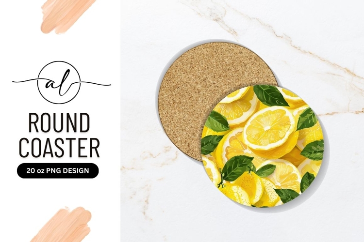 Lemon slices and green leaves illustration on Round Coaster