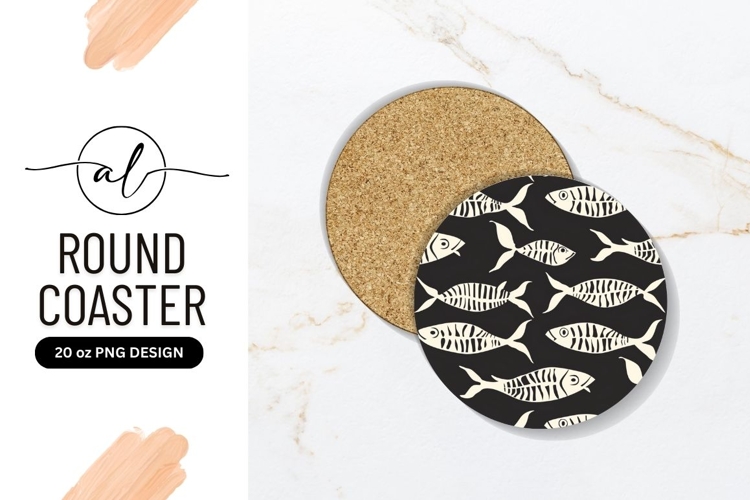 Black Round Coaster P N G with White Fish Pattern Design
