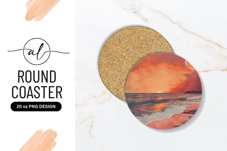 Sunset Beach Scene Illustration with Orange Sky and Moon