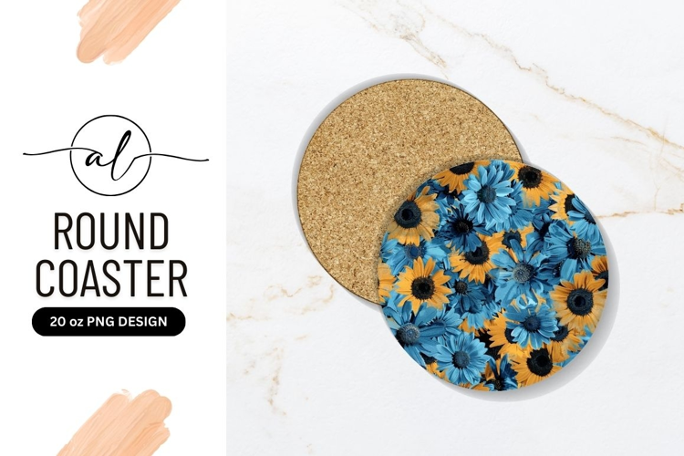 Round coaster with blue and yellow floral design