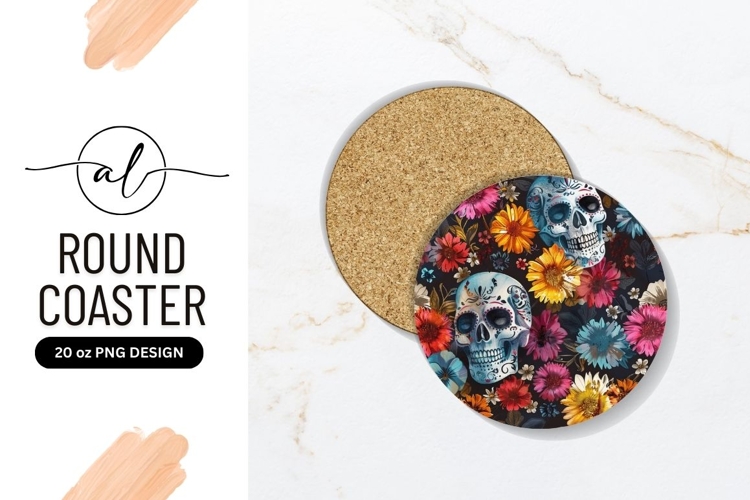 Vibrant sugar skull and flower round coaster png design