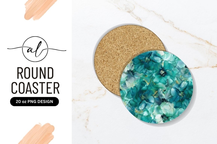 Round coaster with abstract teal floral design