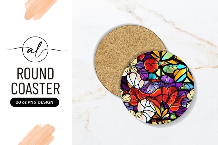 Abstract Floral Stained Glass Round Coaster Png