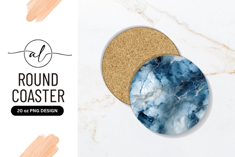Blue and White Abstract Marble Texture Round Coaster Png