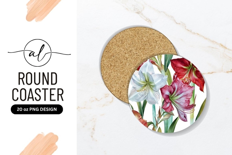 Amaryllis Flowers Watercolor Round Coaster Png