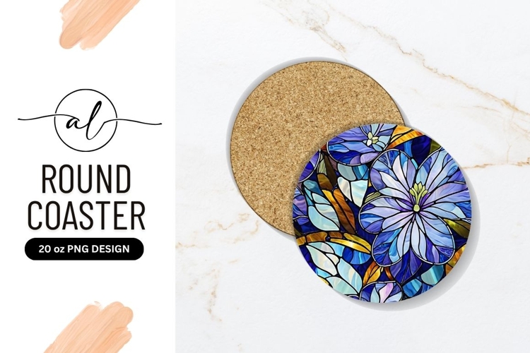 Stained Glass Floral Design Round Coaster Png