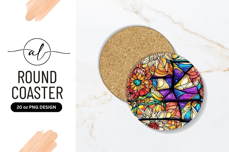 Colorful Stained Glass Flower Art Round Coaster Png