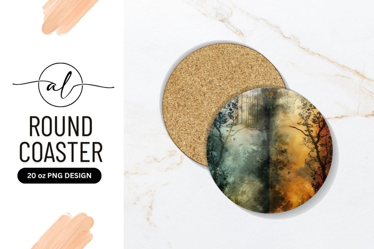 Watercolor Forest Landscape in a Round Coaster Design