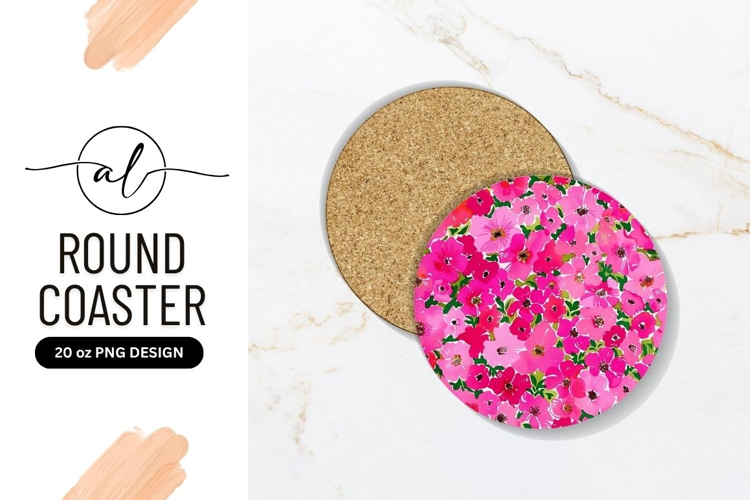 Pink floral pattern on Round Coaster with green leaves