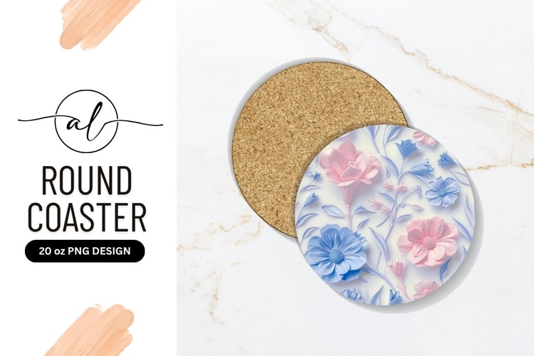 Pastel Floral Design on a Round Coaster with Pink and Blue