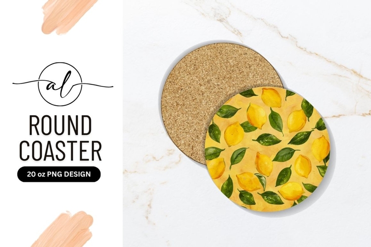 Watercolor Lemon and Green Leaf Pattern on Round Coaster