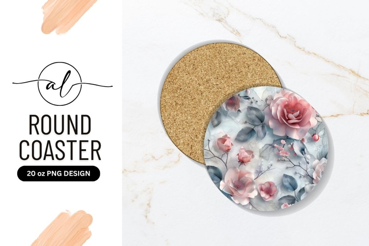 Pink Rose Floral Design on Round Coaster with Gray and Blue