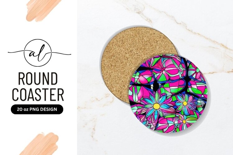 Colorful Floral Illustration Stained Glass Round Coaster example image 1