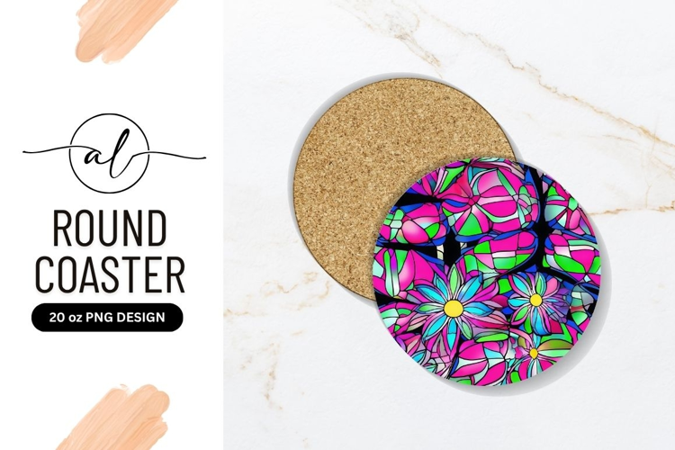 Colorful Floral Illustration Stained Glass Round Coaster