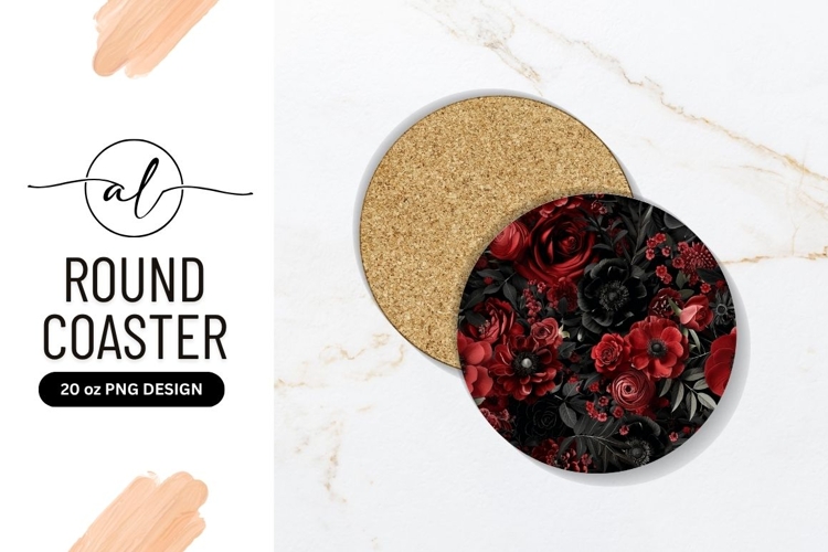 Red And Black Floral Round Coaster Png
