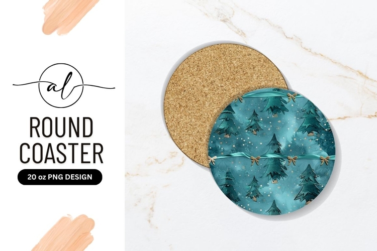 Teal Christmas Trees Round Coaster Png