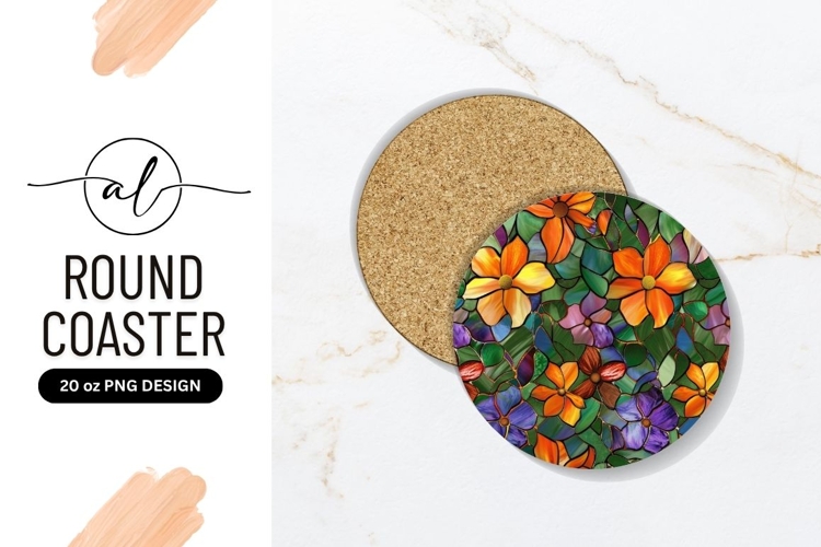 Floral Stained Glass Round Coaster Png