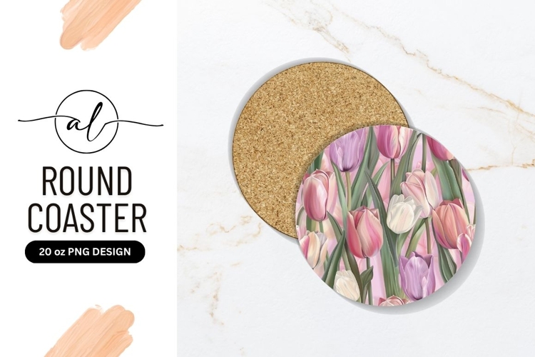 Pastel Tulips Floral Seamless Pattern For Round Car Coaster