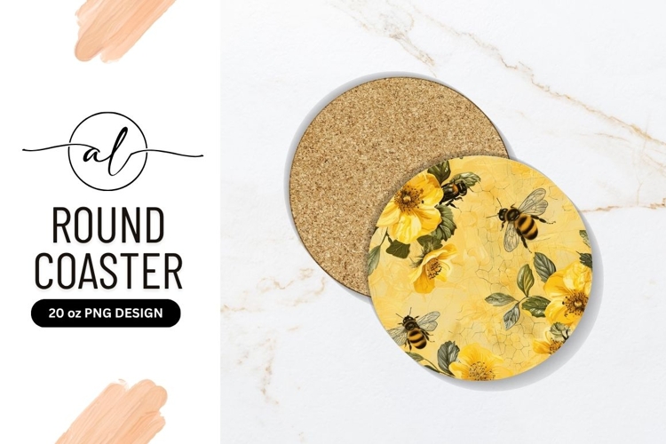 Yellow Flowers With Bees Round Coaster Png