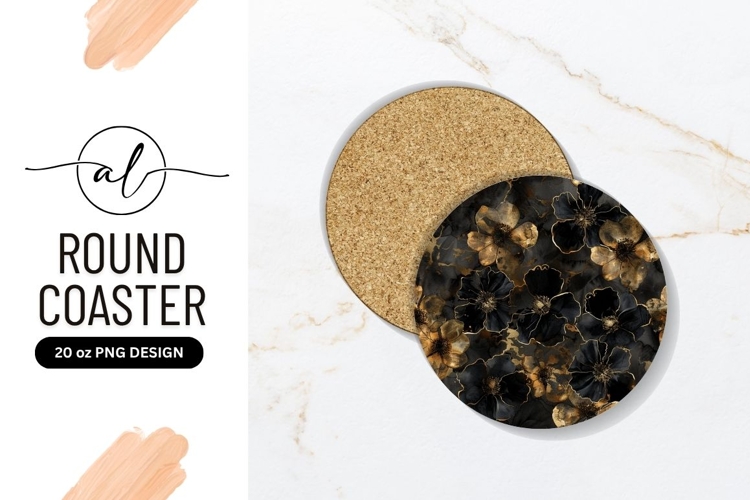Black And Gold Floral Round Coaster Png