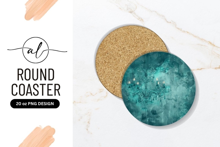 Teal Chandelier Illustration On Abstract Round Coaster