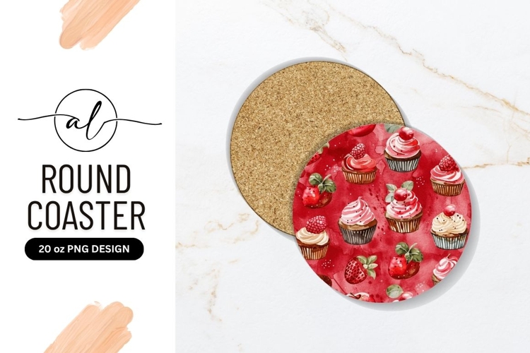 Watercolor Cupcakes And Strawberries Round Coaster Png