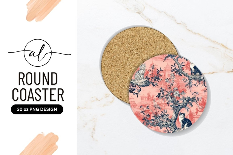 Cats In Toile Circular Design Round Coaster Png