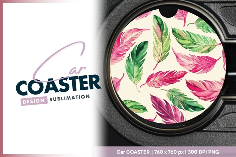 Watercolor Feathers in Pink Green and round car coaster
