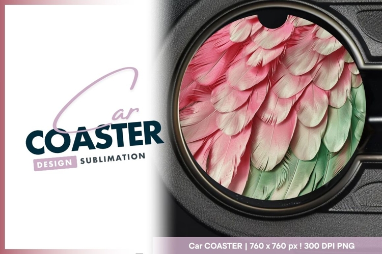 Pink and Green Feather Pattern in Round Car Coaster Png