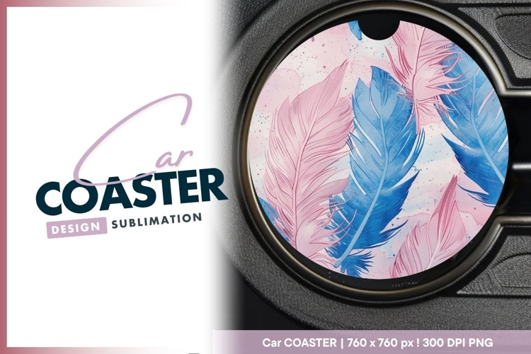 Watercolor Feathers in Pink and Blue on a Round Car Coaster