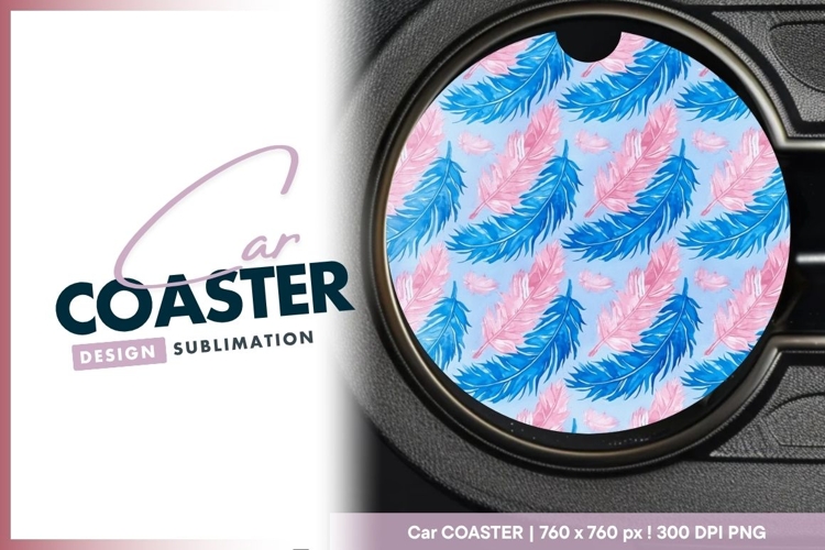Blue and Pink Watercolor Feathers Round Car Coaster Png