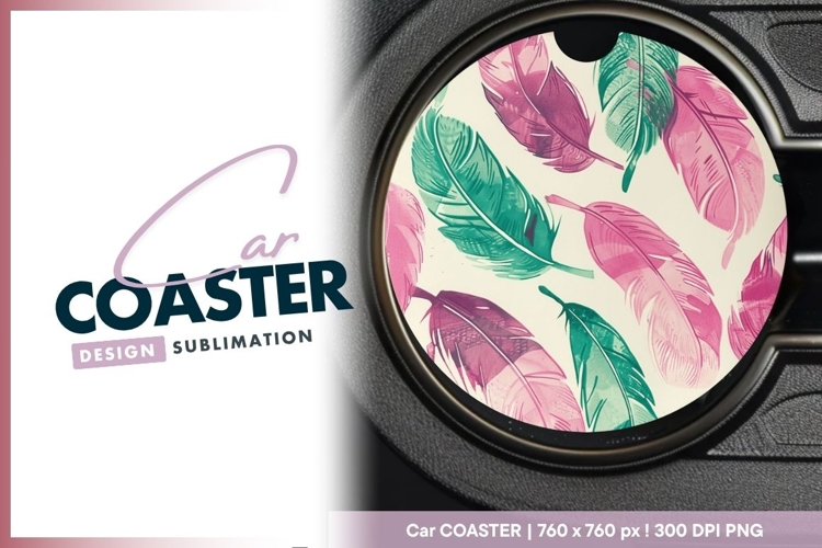 Colorful Feather Pattern in Pink Round Car Coaster Png
