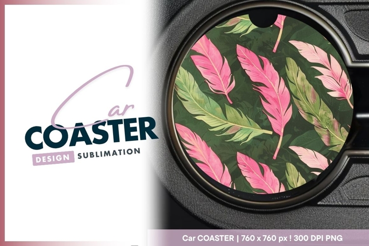 Pink and Green Feather Pattern on Round Car Coaster Png
