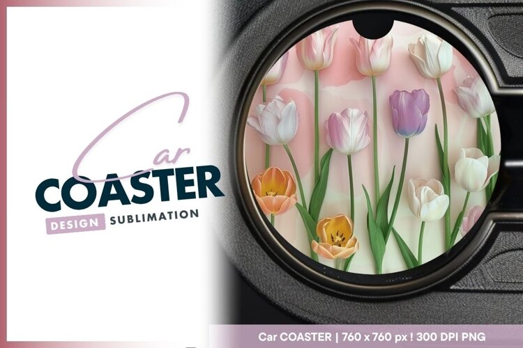 Tulip Flowers in a Circular Arrangement Round Car Coaster example image 1