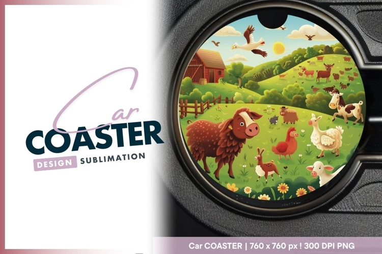 Cartoon Farm Scene with Animals Barn Round Car Coaster Png